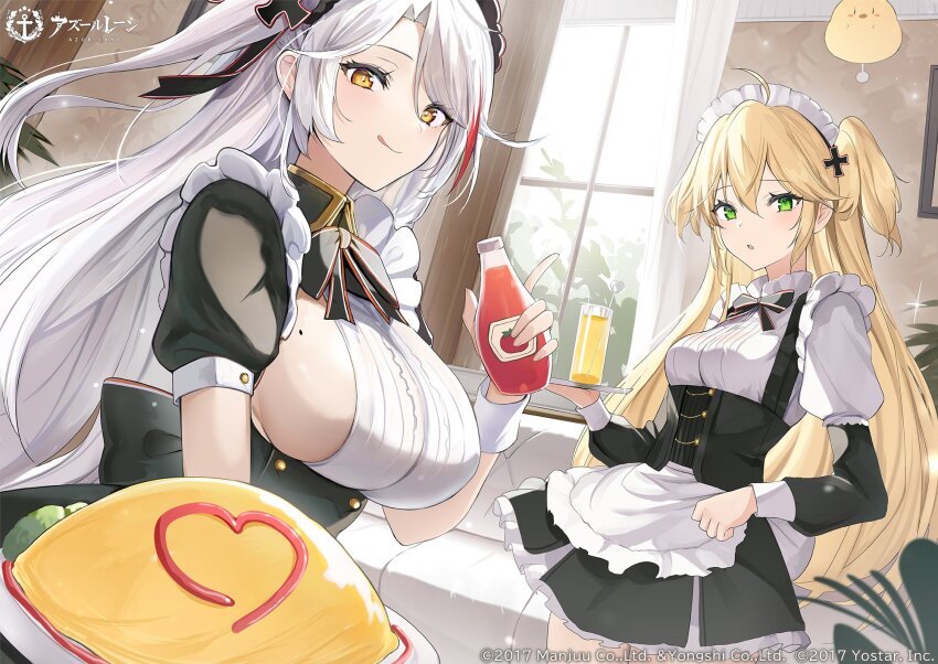 2girls :q admiral_hipper_(azur_lane) alternate_costume apron azur_lane black_dress blonde_hair breasts commentary_request copyright_name copyright_notice cup dress drinking_glass drinking_straw enmaided food food_writing frilled_apron frilled_dress frills green_eyes grey_hair heart highres holding holding_plate holding_tray indoors juliet_sleeves ketchup_bottle large_breasts long_sleeves luse_maonang maid maid_apron maid_headdress manjuu_(azur_lane) medium_breasts mole mole_on_breast multicolored_hair multiple_girls official_art omelet omurice open_mouth orange_eyes plate prinz_eugen_(azur_lane) puffy_short_sleeves puffy_sleeves red_hair second-party_source short_sleeves sideboob sideboob_cutout streaked_hair tongue tongue_out tray two_side_up waist_apron white_apron