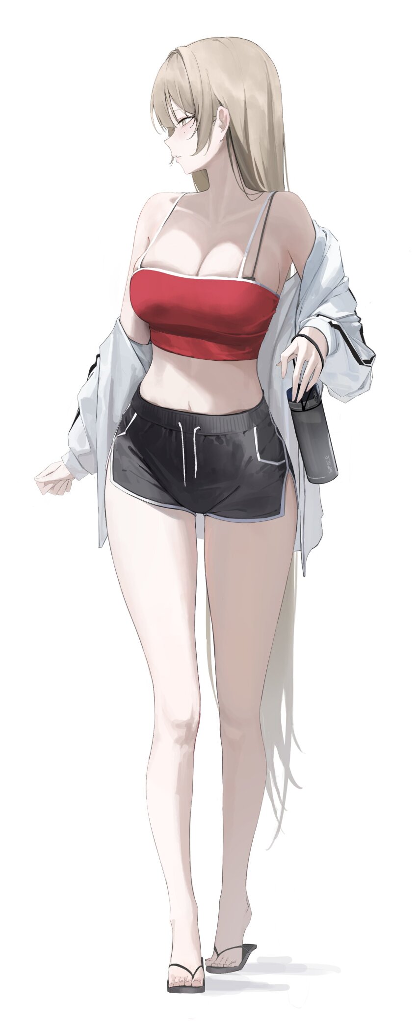 1girl absurdres black_shorts blonde_hair bottle breasts cleavage collarbone crop_top full_body highres jacket laneigu long_hair looking_to_the_side midriff mole mole_under_eye navel off_shoulder original red_shirt sandals shirt short_shorts shorts simple_background sleeveless sleeveless_shirt solo spaghetti_strap water_bottle white_background white_jacket yellow_eyes yuzu_(laneigu)