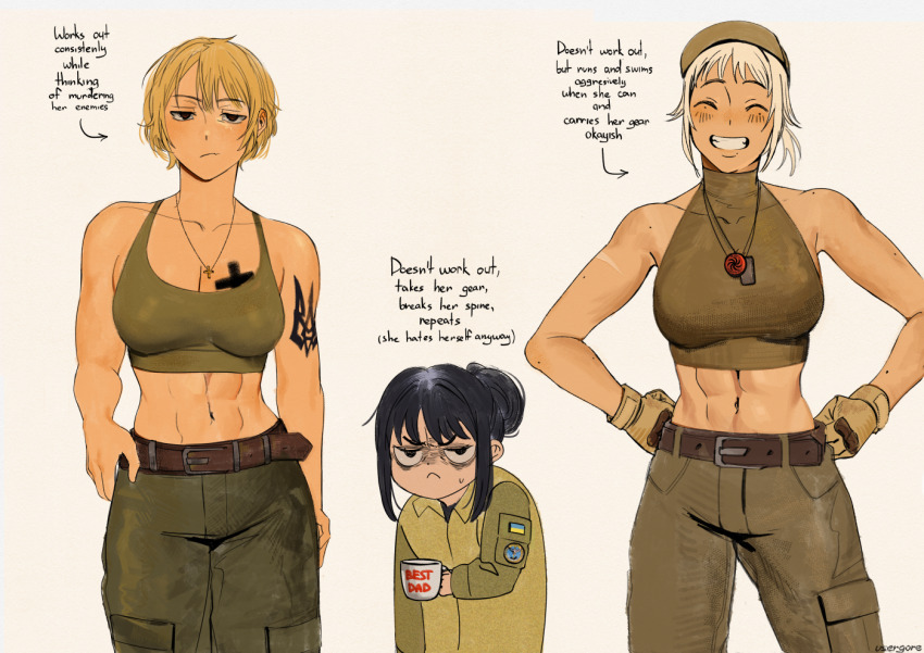 3girls abs arrow_(symbol) azov_battalion breasts brown_gloves cleavage commentary crop_top cross_tattoo directorate_of_intelligence_(ukraine) english_commentary english_text eva_(kavunyak) expressionless gloves green_pants green_tank_top large_breasts looking_at_viewer marichka multiple_girls muscular muscular_female nika_(usergore) original pants tank_top tattoo tomboy toned toned_female tryzub ukrainian_flag usergore