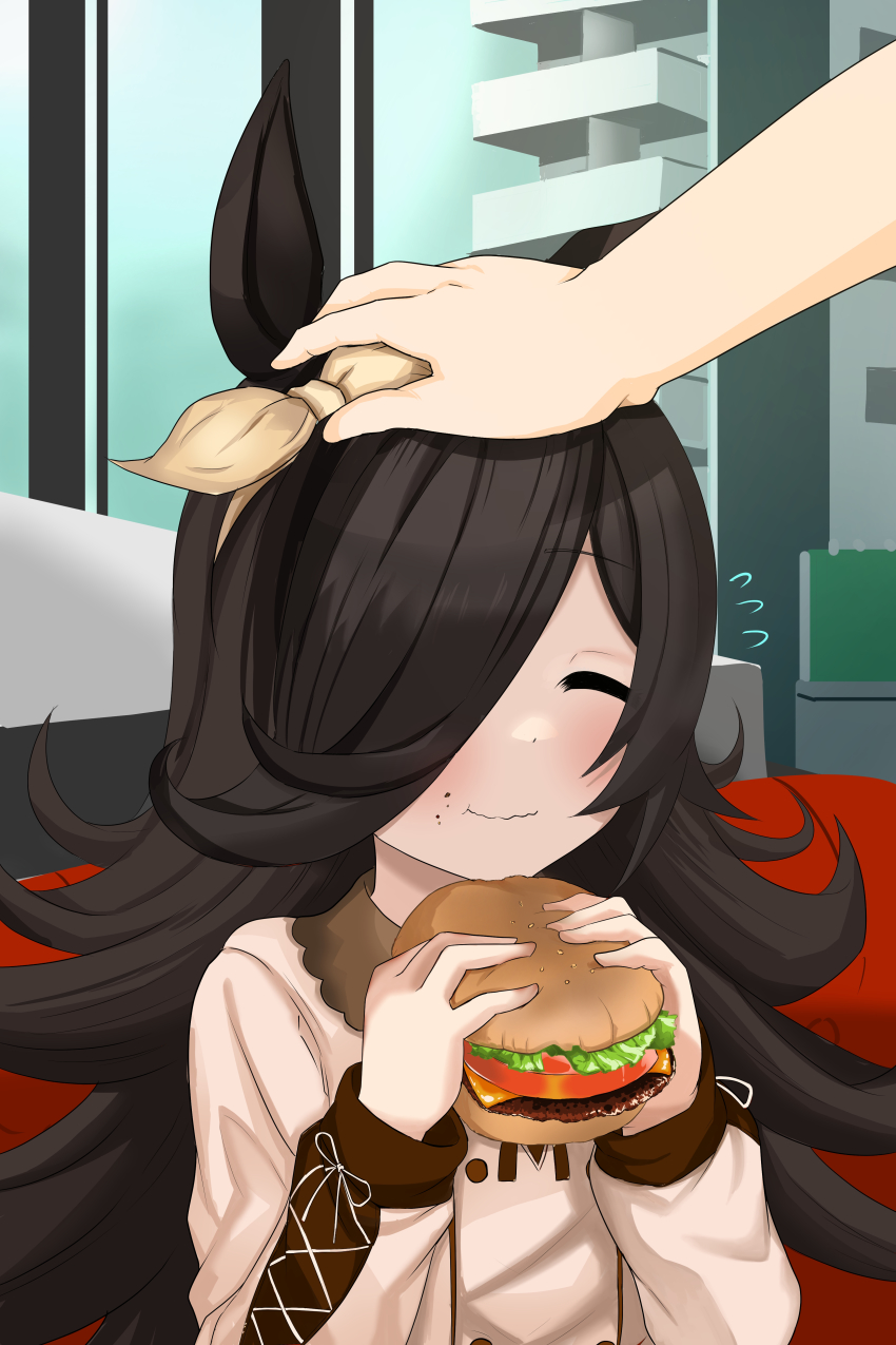 1girl absurdres animal_ears apartment arms_up beige_bow beige_sweater blush bow bow_hairband brown_collar brown_hair building burger closed_eyes collar collared_dress collared_sweater dress eating food food_on_face frilled_collar frills hair_bow hair_over_one_eye hairband hands_up happy headpat highres holding holding_food horse_ears horse_girl lace-trimmed_sleeves lace-trimmed_sweater lace_trim light_smile long_bangs long_hair long_sleeves messy_hair restaurant rice_shower_(umamusume) seat sitting sky smile solo sweater umamusume user_vvee2724 v_arms wavy_mouth window