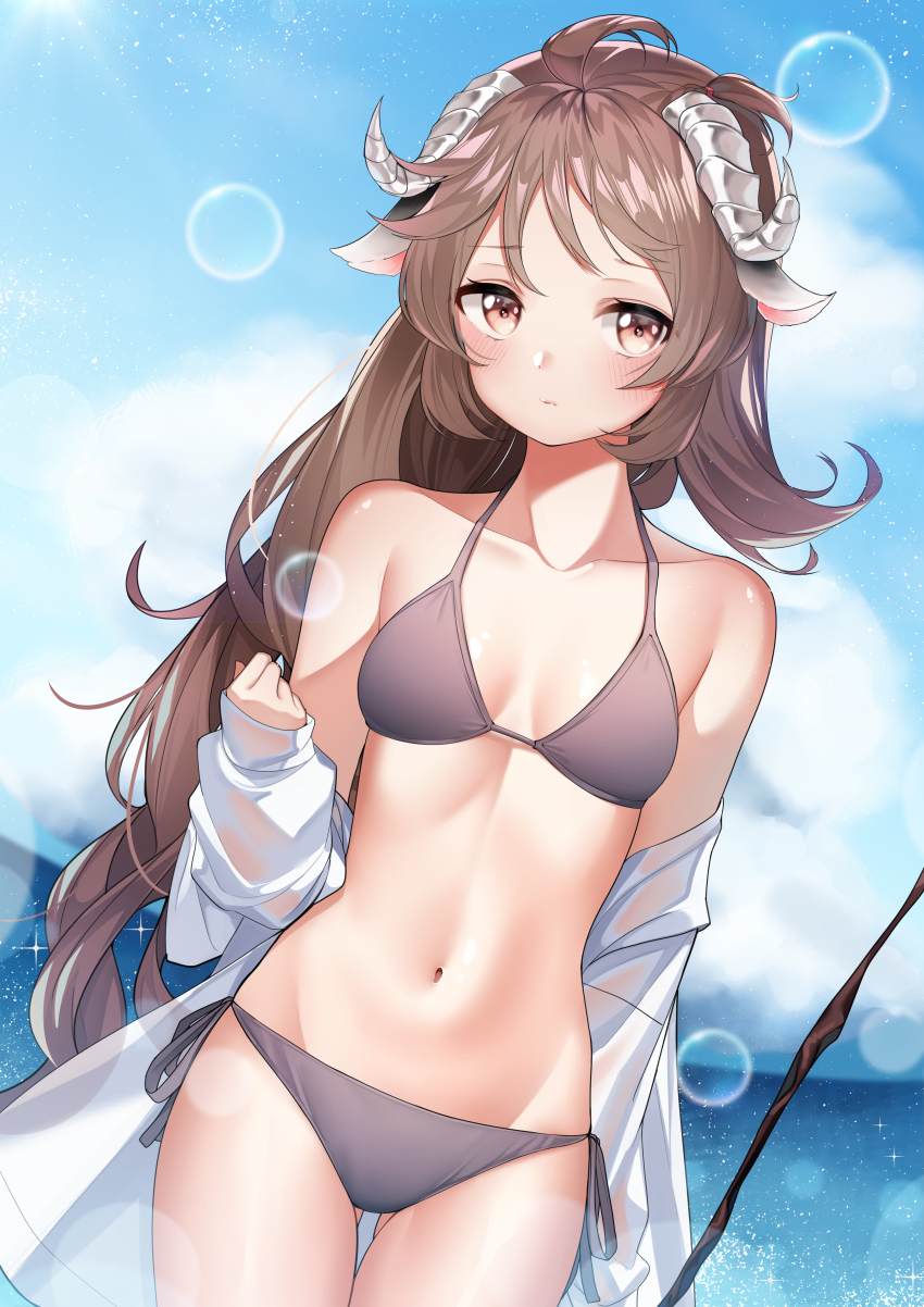 1girl absurdres ahoge animal_ears arknights bikini blush breasts brown_bikini brown_eyes brown_hair day eyjafjalla_(arknights) groin halterneck highres holding holding_staff horns jacket long_hair looking_at_viewer medium_breasts navel ocean off_shoulder outdoors parted_lips sheep_ears sheep_horns side-tie_bikini_bottom small_breasts solo staff stomach swimsuit the_cold very_long_hair