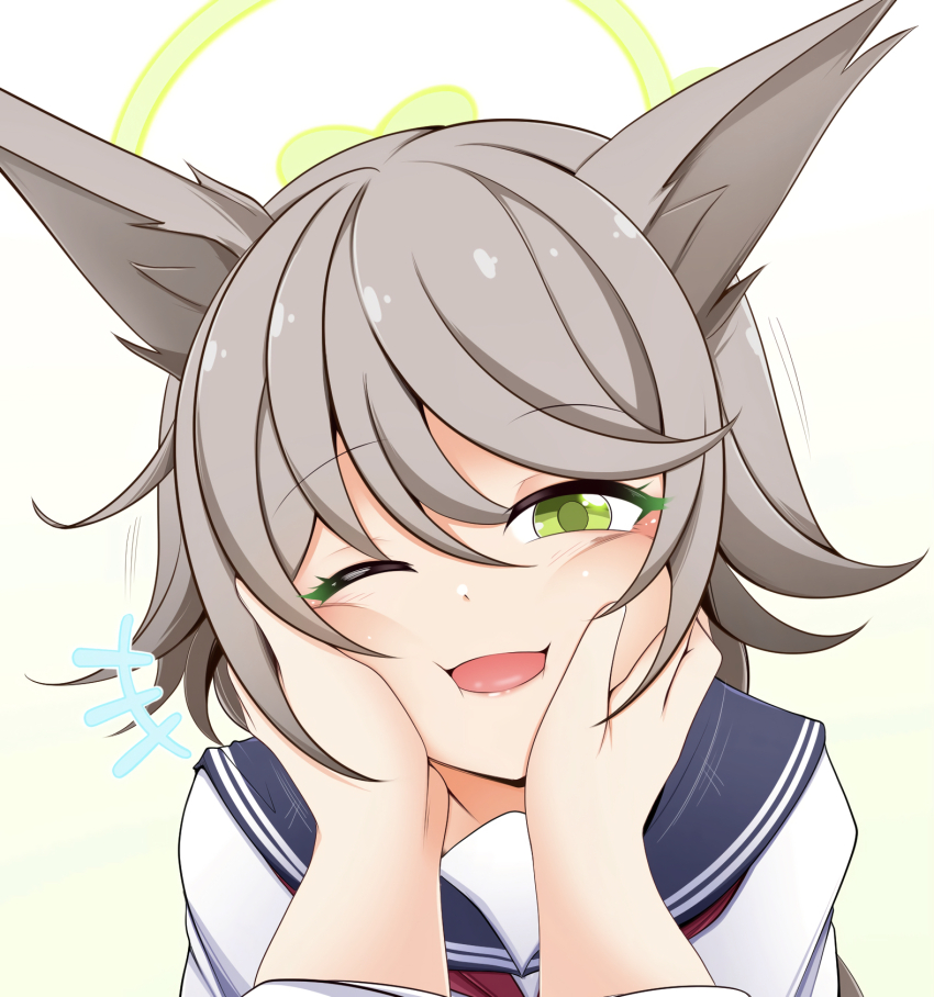 +++ 1boy 1girl :i ;d animal_ear_fluff animal_ears blue_archive blue_sailor_collar brown_hair cheek_squash commentary_request fox_ears fox_girl gradient_background green_eyes green_halo hair_between_eyes halo hands_on_another&#039;s_cheeks hands_on_another&#039;s_face happy highres kagayai_akira light_blush long_hair looking_at_viewer one_eye_closed open_mouth otogi_(blue_archive) pov pov_hands sailor_collar school_uniform serafuku shirt simple_background smile solo_focus swept_bangs white_shirt