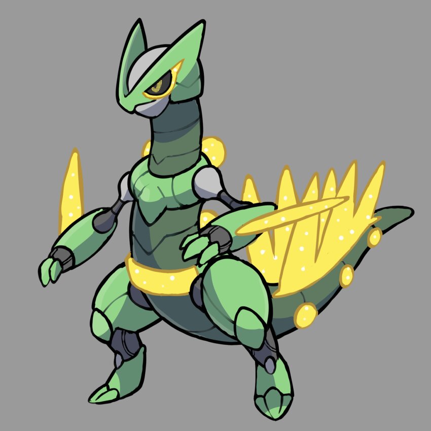 black_sclera closed_mouth colored_sclera commentary english_commentary fakemon full_body game_freak gen_3_pokemon grey_background highres nintendo no_humans original pixel_eyes pokemon pokemon_(creature) pokemon_focus rgreywind robot sceptile simple_background solo standing yellow_eyes
