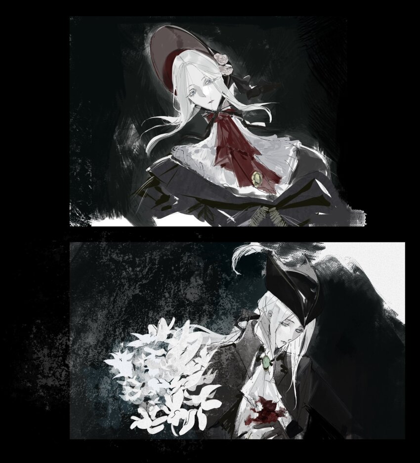 2girls artist_request ascot blonde_hair blood bloodborne blue_eyes cape coat gem gloves hat hat_feather highres lady_maria_of_the_astral_clocktower long_hair looking_at_viewer multiple_girls plain_doll ponytail simple_background tricorne white_hair