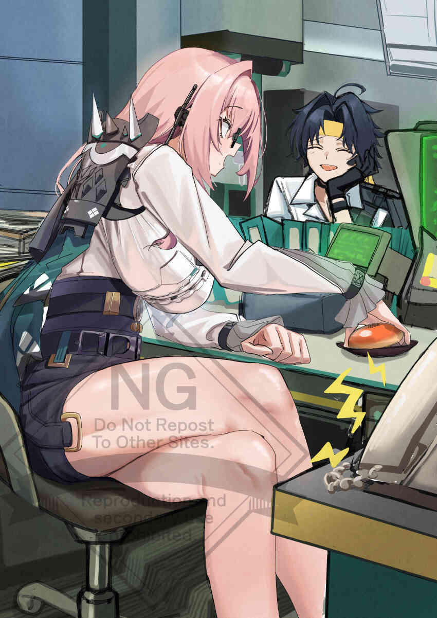 1boy 1girl absurdres armor asaba_harumasa bare_legs black_gloves black_hair black_skirt book breasts chair choker closed_eyes corded_phone crossed_legs desk dondobi dress_shirt food food_on_face from_side glasses gloves hair_between_eyes hand_on_own_face headband headset high-waist_skirt highres indoors large_breasts lightning_bolt_symbol long_hair looking_at_another monitor on_chair open_mouth parted_bangs pencil_skirt phone pile_of_books pink_eyes pink_hair shirt short_hair shoulder_armor sitting skirt steamed_bun tsukishiro_yanagi watermark white_shirt yellow_headband zenless_zone_zero