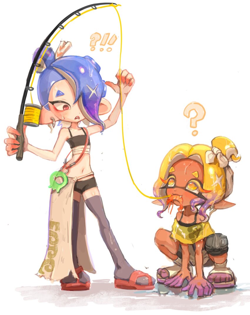 !? 2girls ? black_thighhighs blonde_hair blue_hair cephalopod_eyes closed_mouth colored_eyelashes colored_tips commentary_request crop_top dark-skinned_female dark_skin earrings eyelashes fish_hook_earrings fishing_rod frye_(splatoon) frye_(splatoon_raiders) hair_over_one_eye highres holding holding_fishing_rod inkling jewelry korean_commentary long_hair multicolored_hair multiple_girls navel nintendo octoling okobo open_mouth platform_sandals pointy_ears purple_hair red_eyes red_pupils red_sandals sandals shiver_(splatoon) shiver_(splatoon_raiders) short_eyebrows simple_background single_earring smile splatoon_(series) splatoon_raiders squatting star-shaped_pupils star_(symbol) sweat symbol-shaped_pupils tentacle_hair thick_eyebrows thighhighs topknot two-tone_hair uuurung white_background yellow_eyes yellow_pupils