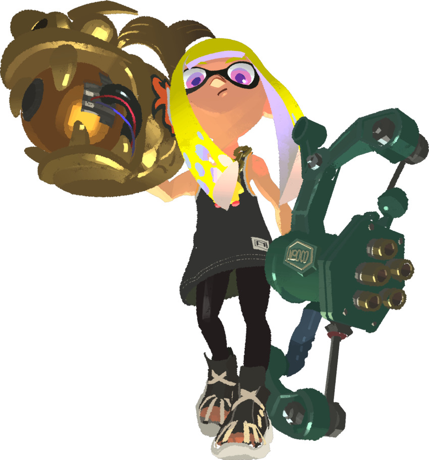 bare_arms bare_shoulders basketball_jersey black_footwear black_leggings black_shirt blonde_hair blunt_ends chain chain_around_neck chain_necklace custom_(splatoon) fake_text fashion frown gold_chain highres holding holding_weapon inkling inkling_girl inkling_player_character inoue_seita jewelry leggings logo_print necklace nintendo no_lineart official_art pink_eyes purple_pupils rainmaker_(splatoon) second-party_source shachihoko shirt sleeveless sleeveless_shirt splatoon_(series) splatoon_3 squid_bone_unslips_(splatoon) squid_girl takoroka_(splatoon) tentacle_hair umibozu_road_jersey_(splatoon) walking walking_towards_viewer weapon wellstring_v_(splatoon)