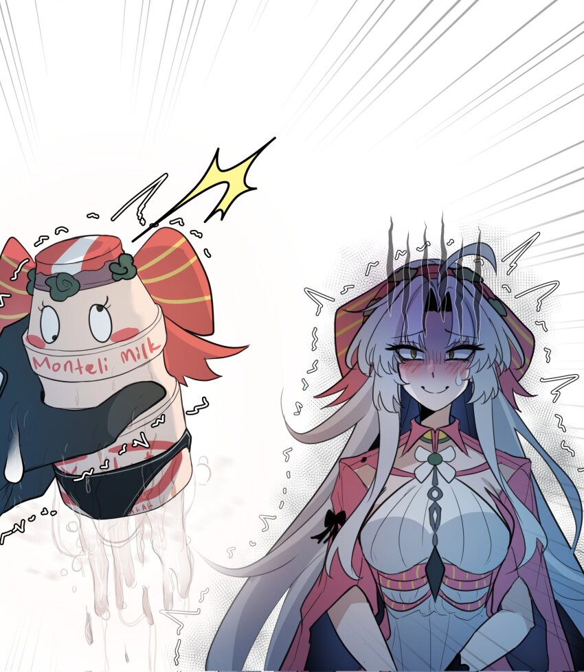 1boy 1girl ahoge bottle bow carlotta_(wuthering_waves) closed_mouth commentary corrupted_twitter_file cum cumdrip dress english_commentary gloom_(expression) grey_hair hair_bow highres holding holding_bottle jacket long_hair looking_at_another male_rover_(wuthering_waves) milk_bottle nort_muhehehe parted_bangs pink_bow pink_jacket pov pov_hands rover_(wuthering_waves) smile striped_bow sweatdrop trembling very_long_hair what white_dress wuthering_waves