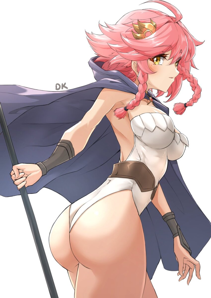 1girl ass bare_shoulders blush braid breasts cloak cosplay deekei from_behind hair_ornament highres leotard long_hair looking_at_viewer looking_back medium_breasts original pink_hair rosalinde_(unicorn_overlord) rosalinde_(unicorn_overlord)_(cosplay) sideboob smile solo staff tohno_amane_(deekei) twin_braids unicorn_overlord yellow_eyes