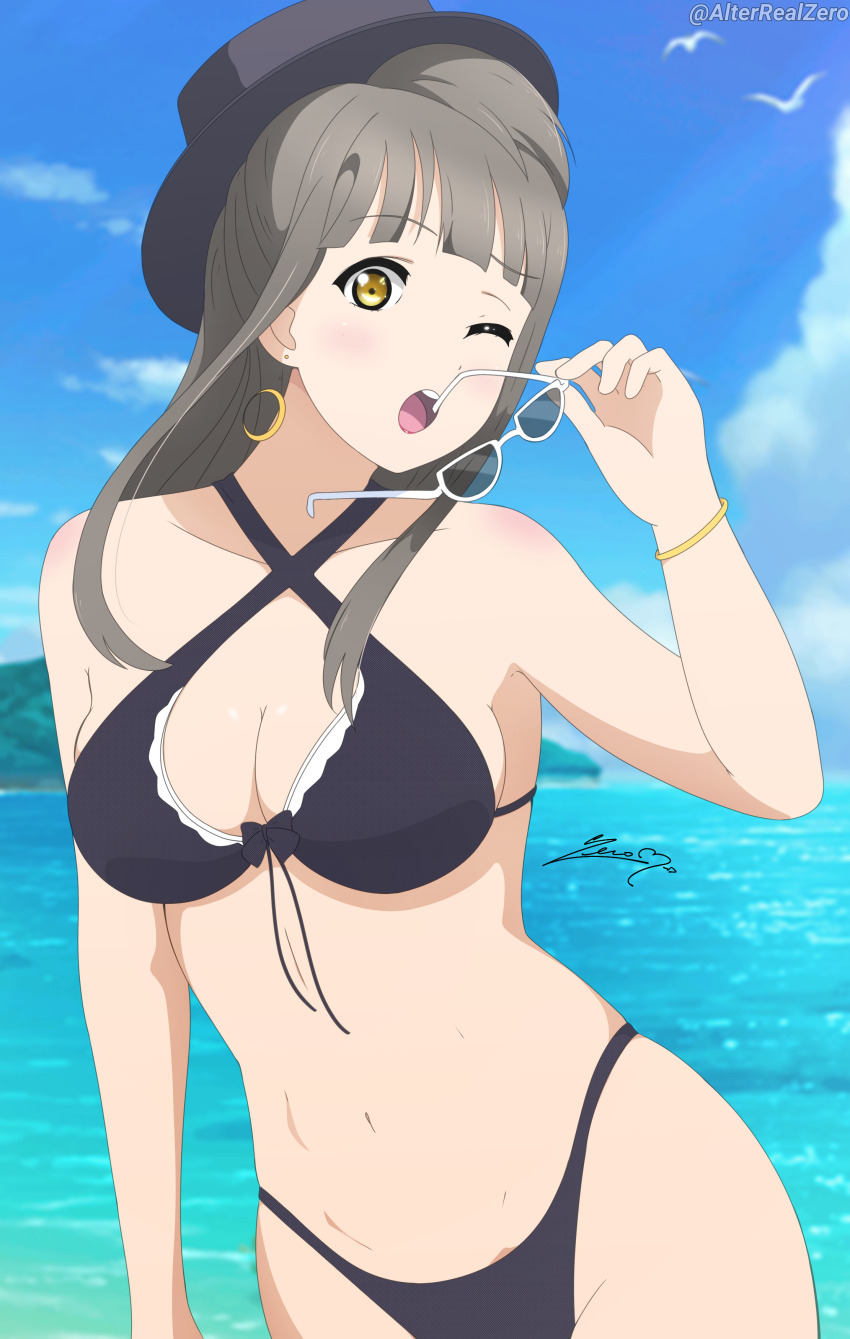 1girl ;o absurdres alterrealzero bikini bird black_bikini black_hat black_ribbon blue_sky blunt_bangs blurry blurry_background blush bokeh bracelet breasts cleavage cloud collarbone crescent crescent_earrings day depth_of_field earrings frilled_bikini frills front-tie_bikini_top front-tie_top furrowed_brow grey_hair hand_up hat highres holding holding_removed_eyewear island jewelry large_breasts long_hair looking_at_viewer looking_to_the_side love_live! love_live!_school_idol_project mature_female midriff minami_kotori&#039;s_mother navel ocean one_eye_closed open_mouth outdoors ribbon seagull signature sky solo standing sunglasses swimsuit teeth twitter_username unworn_eyewear upper_body upper_teeth_only water yellow_eyes