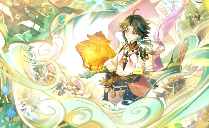 4girls 5boys :d ahoge aqua_hair arm_tattoo asymmetrical_gloves bandaged_arm bandages bead_necklace beads bird black_gloves black_hair black_pants black_shirt blue_flower blue_hair bonanus_(genshin_impact) bosacius_(genshin_impact) brown_hair cape chinese_clothes cloud cloud_retainer_(genshin_impact) commentary_request crane_(animal) detached_sleeves diamond-shaped_pupils diamond_(shape) dress expressionless extra_arms eyeshadow facial_mark facial_scar flower flying forehead_mark ganyu_(genshin_impact) ganyu_(qilin)_(genshin_impact) genshin_impact glasses glaze_lily gloves green_gloves green_hair green_shirt guizhong_(genshin_impact) hands_up highres horns indarias_(genshin_impact) index_finger_raised jade_chamber_(genshin_impact) jewelry kite_flying lantern long_sleeves madame_ping_(genshin_impact) makeup male_focus menogias_(genshin_impact) mismatched_gloves moon_carver_(genshin_impact) mountain_shaper_(genshin_impact) multicolored_hair multiple_boys multiple_girls necklace okkobc open_mouth pants paper_lantern parted_bangs parted_lips pelvic_curtain pervases_(genshin_impact) purple_cape purple_gloves purple_hair qingxin_flower red_dress red_eyeshadow red_hair scar scar_on_cheek scar_on_face scar_on_nose semi-rimless_eyewear shirt short_hair shoulder_spikes sidelocks single_detached_sleeve sky_lantern skybracer_(genshin_impact) sleeveless sleeveless_shirt smile solo_focus spikes statue streaked_hair symbol-shaped_pupils tassel tattoo under-rim_eyewear vision_(genshin_impact) white_flower white_shirt xiangyun wide_sleeves xianyun_(genshin_impact) xiao_(genshin_impact) yellow_eyes