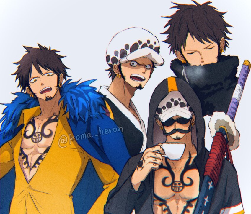 1boy artist_name black_coat black_eyes black_hair black_kimono blue_cape cape chest_tattoo closed_eyes closed_mouth coat coffee_mug collarbone collared_shirt covered_mouth cup disguise earrings facial_hair fake_facial_hair fake_mustache finger_tattoo fur-trimmed_cape fur_hat fur_trim goatee gold_earrings hand_tattoo hand_up hat holding holding_cup hood hood_up hooded_coat japanese_clothes jewelry kimono koma_heron long_sleeves looking_at_viewer looking_to_the_side male_focus mug multiple_views one_piece open_clothes open_coat open_mouth open_shirt pectorals sheath sheathed shirt short_hair sideburns simple_background sunglasses sword tattoo teeth trafalgar_law twitter_username upper_body upper_teeth_only v-shaped_eyebrows weapon white_background white_hat wide-eyed yellow_eyes yellow_shirt