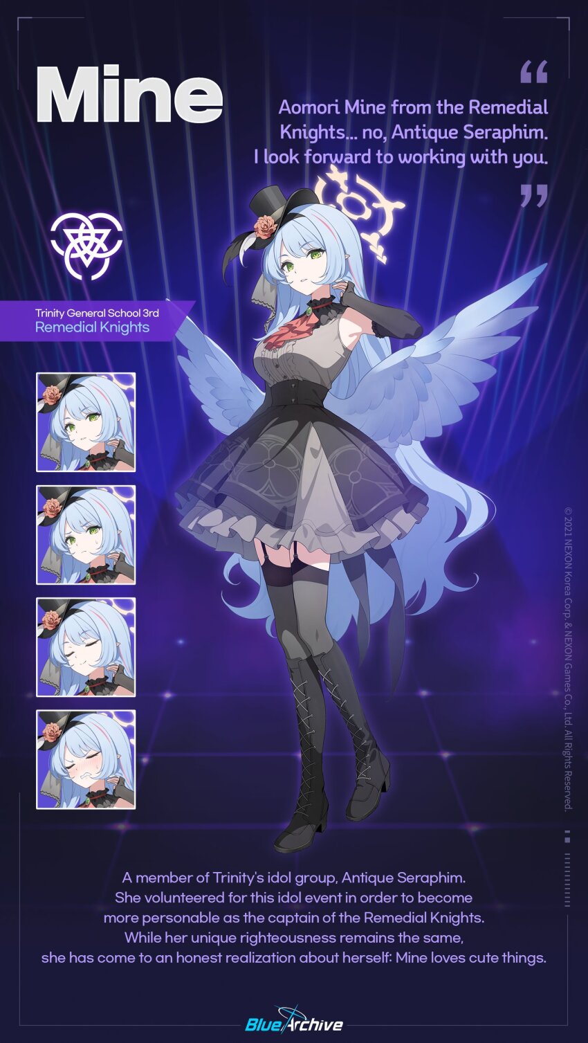 1girl absurdres ascot black_boots black_dress black_gloves black_hat black_thighhighs blue_archive blue_hair blue_wings boots closed_eyes closed_mouth commentary copyright_name copyright_notice doyagao dress dydldidl elbow_gloves english_commentary feathered_wings fingerless_gloves flower frilled_dress frills full_body garter_straps gloves green_eyes grey_dress halo hat hat_flower highres idol_clothes knee_boots lace-up_boots layered_dress long_hair looking_at_viewer low_wings mine_(blue_archive) mine_(idol)_(blue_archive) mini_hat mini_top_hat multiple_expressions official_alternate_costume official_art open_mouth pointy_ears red_ascot red_flower red_rose rose sleeveless sleeveless_dress smile smug standing sweat thighhighs top_hat translation_request v-shaped_eyebrows very_long_hair wings yellow_halo