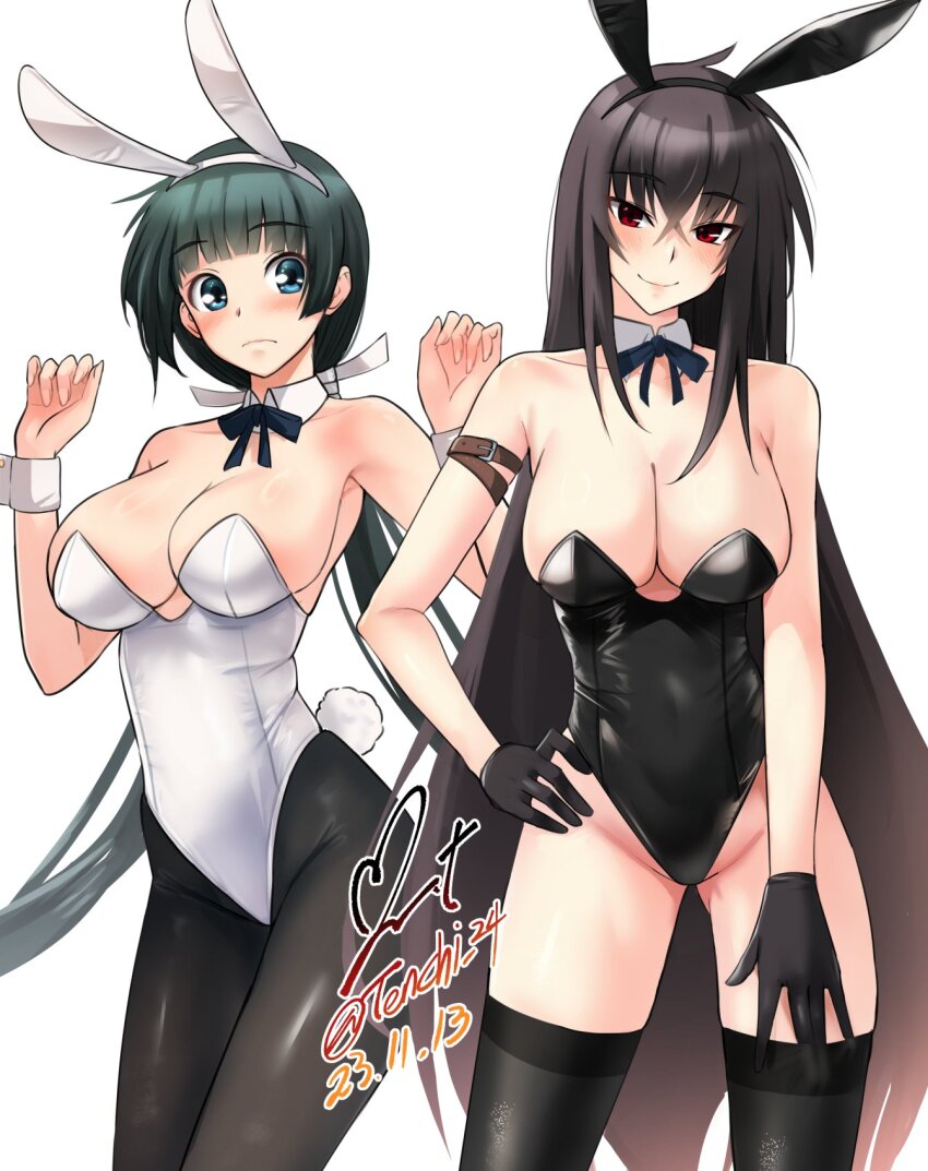 2girls animal_ears arm_strap bare_shoulders black_bow black_bowtie black_hair black_hairband black_leotard black_pantyhose black_sleeves black_thighhighs blue_eyes blue_ribbon blunt_bangs blush bow bowtie breasts cleavage closed_mouth commentary_request crossed_bangs dated detached_collar fake_animal_ears feet_out_of_frame hair_between_eyes hairband hand_on_own_hip highres kawakami_momoyo large_breasts leotard long_hair looking_at_viewer low_twintails maji_de_watashi_ni_koi_shinasai! mayuzumi_yukie multiple_girls neck_ribbon pantyhose playboy_bunny rabbit_ears rabbit_tail red_eyes ribbon signature simple_background smile standing strapless strapless_leotard tail thighhighs twintails twitter_username very_long_hair white_background white_leotard white_ribbon wrist_cuffs yoo_tenchi