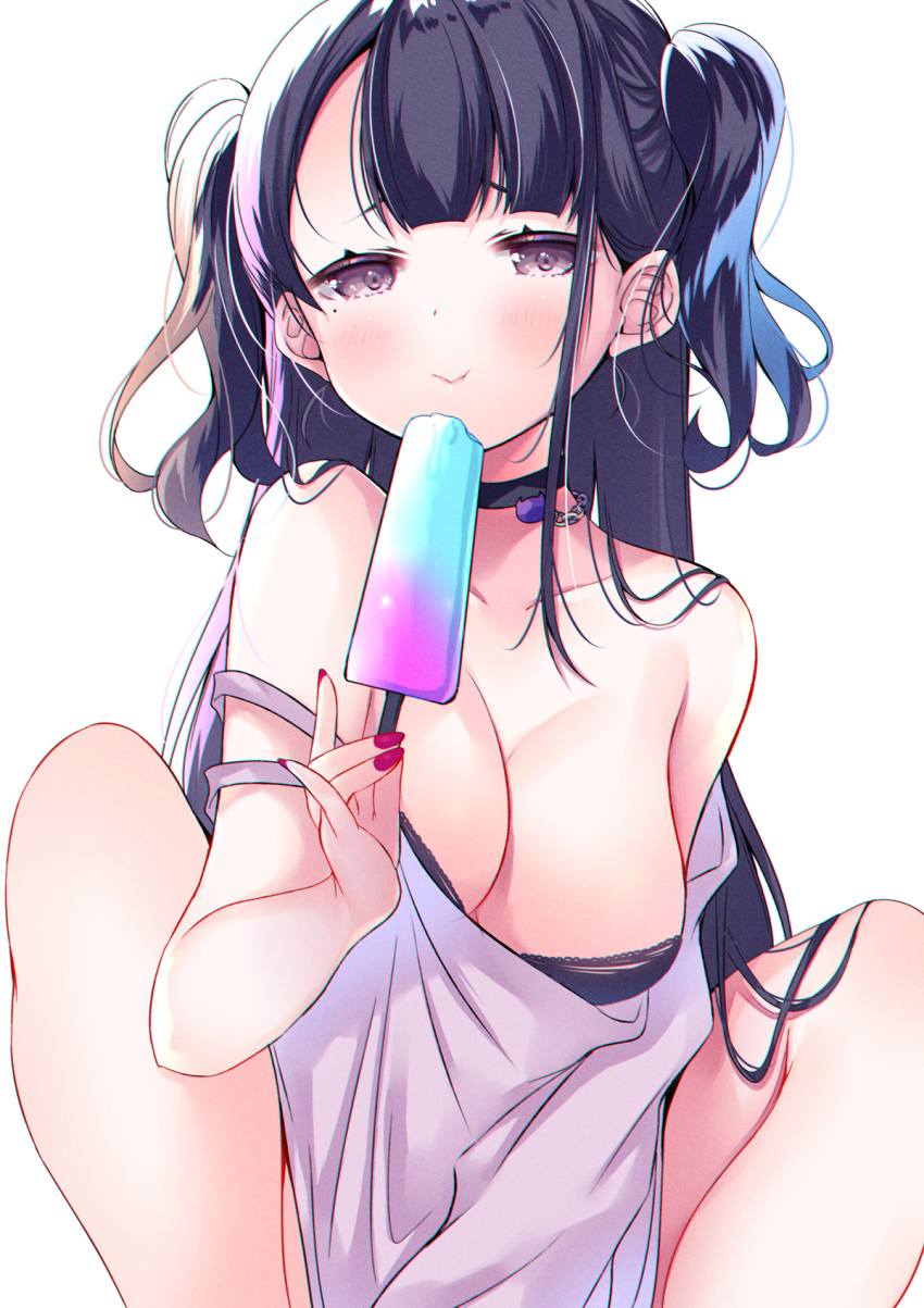 1girl bad_id bad_twitter_id bare_shoulders black_choker black_hair blue_hair blush breasts choker cleavage closed_mouth clothes_pull collarbone commentary_request eating feet_out_of_frame food highres holding holding_food ko_yu large_breasts long_hair looking_at_viewer multicolored_hair nail_polish original pink_hair popsicle purple_eyes purple_shirt red_nails shirt shirt_pull simple_background smile solo squatting strap_slip streaked_hair two_side_up white_background