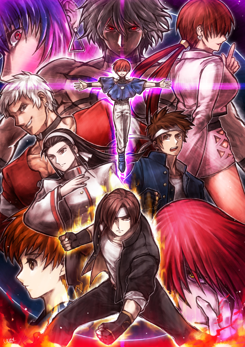 3girls 6+boys absurdres black_hair blue_hair brown_eyes brown_hair choker chris cropped_jacket dual_persona earrings fingerless_gloves fire food_fighter_441 gloves hair_over_eyes hair_over_one_eye hairband headband highres jacket jewelry kagura_chizuru kusanagi_kyou kushinada_yuki leona_heidern leotard lipstick long_hair long_image makeup miniskirt multiple_boys multiple_girls muscular nanakase_yashiro orochi_(kof) pants ponytail purple_fire red_eyes red_hair school_uniform shermie_(kof) short_hair skirt smile snk suspenders the_king_of_fighters the_king_of_fighters_&#039;97 topless_female twintails white_hair yabuki_shingo yagami_iori