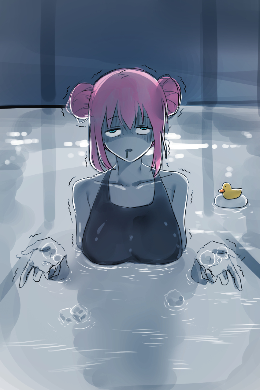 1girl absurdres blue_eyes blue_one-piece_swimsuit bocchi_the_rock! breasts chainsaw_man commentary competition_swimsuit double_bun drooling gotoh_hitori hair_bun highres huge_breasts i&#039;ll_teach_you_everything_(chainsaw_man) korean_commentary mdok000033 one-piece_swimsuit partially_submerged pink_hair pool rubber_duck scene_reference sidelocks solo swimsuit