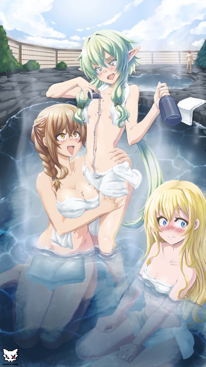 1boy 3girls absurdres alcohol artist_name ass bare_legs bare_shoulders blonde_hair blue_eyes blue_sky blush bottle braid breasts brown_hair cleavage cloud cloudy_sky elf goblin_slayer goblin_slayer! green_eyes green_hair guild_girl_(goblin_slayer!) helmet high_elf_archer_(goblin_slayer!) highres holding holding_bottle large_breasts long_hair medium_hair mixed-sex_bathing multiple_girls naked_towel navel onsen partially_submerged pointy_ears priestess_(goblin_slayer!) shadowfenrir shared_bathing single_braid sky small_breasts spilling stomach tongue tongue_out towel yellow_eyes