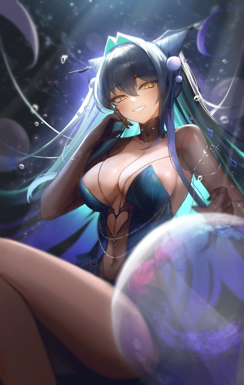 1girl absurdres aqua_hair black_hair breasts bubble cleavage collarbone colored_inner_hair diamond_(shape) double_bun goddess_of_victory:_nikke hair_bun hand_up heart highres large_breasts little_mermaid_(abyss_flower)_(nikke) little_mermaid_(nikke) long_hair looking_at_viewer maviss_03 multicolored_hair navel official_alternate_costume pearl_hair_ornament purple_hair radio_antenna see-through_clothes sitting smile solo underwater upper_body very_long_hair yellow_eyes