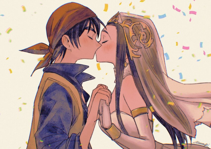 1boy 1girl bandana bare_shoulders black_hair blue_shirt blush bracelet bridal_veil bride closed_eyes coat commentary confetti couple dragon_quest dragon_quest_viii dress earrings elbow_gloves gloves gold_earrings hero_(dq8) hetero highres holding_hands jewelry kiss long_hair medea_(dq8) mouyi popped_collar princess red_bandana shirt short_hair sidelocks strapless strapless_dress symbol-only_commentary tiara upper_body veil wedding_dress white_dress white_gloves yellow_coat