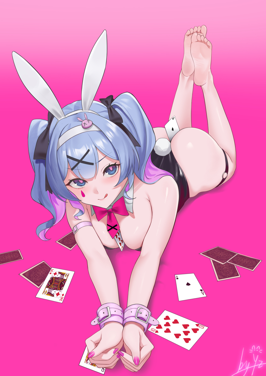 &gt;:) 1girl :q absurdres animal_ear_hairband animal_ears armpit_crease ass bare_shoulders barefoot between_breasts between_buttocks black_bow black_leotard blue_eyes blunt_bangs blush bow bowtie breasts card card_between_breasts card_between_buttocks clenched_hands closed_mouth colored_inner_hair commentary cuffs detached_collar eyelashes fake_animal_ears fake_tail feet feet_up foreshortening full_body hair_bow hair_ornament hairband handcuffs hatsune_miku highleg highleg_leotard highres leotard lips looking_at_viewer lying medium_breasts medium_hair multicolored_hair nail_polish naughty_face o-ring o-ring_thigh_strap on_stomach outstretched_arms pink_background pink_bow pink_bowtie pink_nails pink_pupils playboy_bunny rabbit_ears rabbit_hole_(vocaloid) rabbit_tail signature simple_background smile soles solo tail the_pose thigh_strap toes tongue tongue_out twintails two-tone_hair upturned_eyes v-shaped_eyebrows v_arms vocaloid white_hairband x_hair_ornament yizi_(yizi_official)