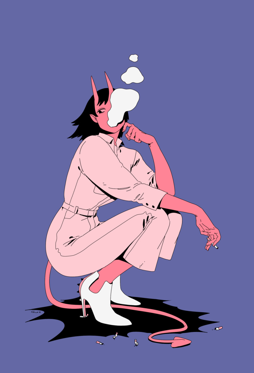 1girl black_eyes black_hair blue_background choo cigarette cigarette_butt colored_sclera colored_skin commentary demon_horns demon_tail full_body high_heels highres holding holding_cigarette horns jumpsuit long_hair original pink_jumpsuit pink_sclera pink_skin shoes simple_background skin-covered_horns smoke smoking solo spiked_shoes spikes squatting symbol-only_commentary tail three-quarter_sleeves white_shoes