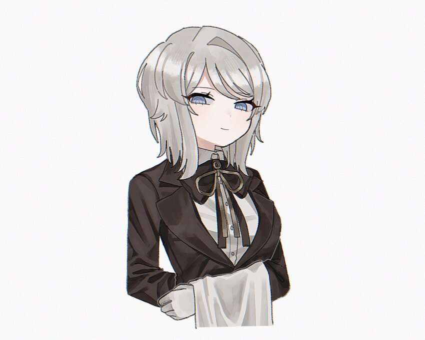 1girl 68oljg black_bow black_bowtie black_jacket blue_eyes bow bowtie butler faust_(project_moon) female_butler gloves jacket limbus_company long_sleeves looking_at_viewer project_moon ribbon shirt short_hair simple_background smile solo upper_body white_background white_gloves white_hair white_shirt wuthering_heights_(identity)_(project_moon) yellow_ribbon