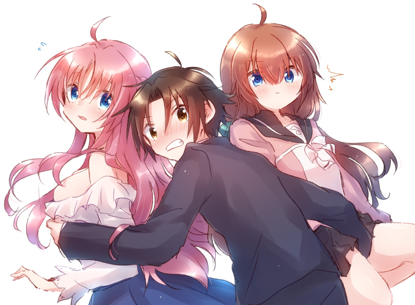 1boy 2girls absurdres accidental_pervert ahoge black_jacket black_sailor_collar black_skirt blue_skirt blush breasts brown_hair clenched_teeth closed_mouth commentary flying_sweatdrops grabbing_another&#039;s_breast groping hand_on_another&#039;s_crotch highres jacket kouroya_sutea large_breasts long_hair long_sleeves looking_at_viewer looking_back megami-ryou_no_ryoubo-kun multiple_girls nagumo_koushi nyaa_(nnekoron) off-shoulder_shirt off_shoulder parted_lips pink_hair pink_shirt sailor_collar saotome_atena school_uniform serafuku shirt simple_background skirt teeth white_background