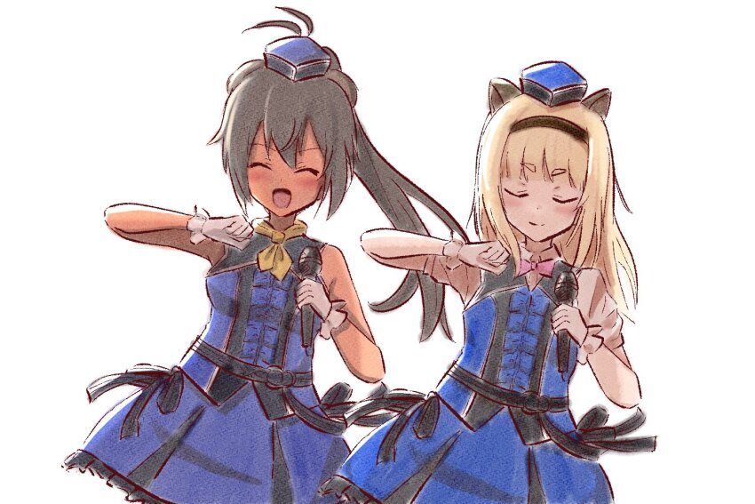 2girls black_hair black_hairband blonde_hair blue_dress blue_hat bow closed_eyes commentary_request dancing dress gloves hairband hat holding holding_microphone luminous_witches manaia_matawhaura_hato maria_magdalena_dietrich meme microphone multiple_girls open_mouth pink_bow ponytail puffy_sleeves ribbon shikairo_days_dance_(meme) sleeveless sleeveless_dress smile tjasngyhbv6sthe white_background white_gloves world_witches_series yellow_ribbon
