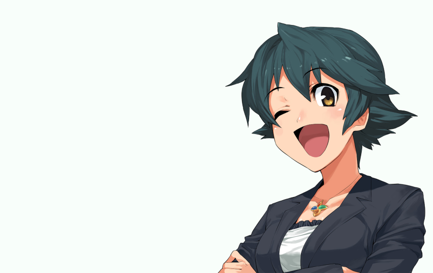 1girl ;d bing female_focus green_hair happy highres jewelry microsoft_bing microsoft_windows nanao_(bing) necklace one_eye_closed open_mouth short_hair smile solo wink yellow_eyes