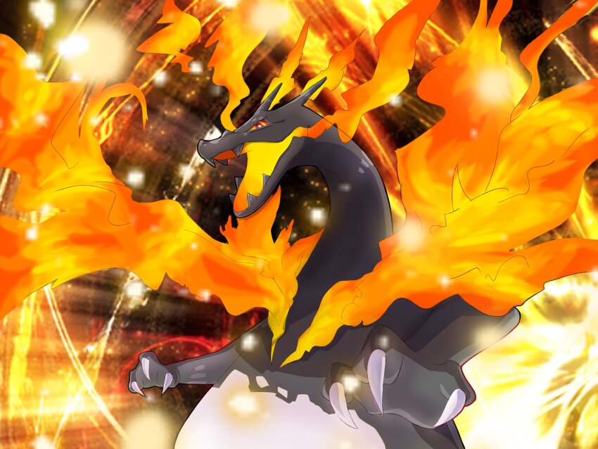 alternate_color breath_weapon breathing_fire bright_pupils charizard claws commentary_request dragon fangs fire gen_1_pokemon gigantamax gigantamax_charizard highres horns looking_down nintendo open_mouth pokemon red_eyes shiny_pokemon uyumaru_art white_pupils