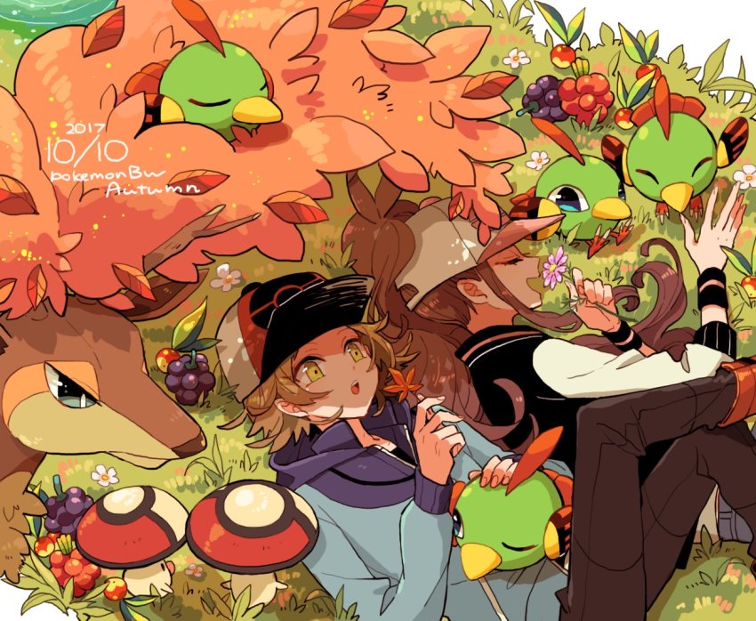 1boy 1girl autumn_leaves baseball_cap berry_(pokemon) bluk_berry brown_hair chikafuji closed_eyes commentary_request copyright_name dated eyelashes flower foongus gen_2_pokemon gen_5_pokemon grass hat hilbert_(pokemon) hilda_(pokemon) holding holding_flower leaf long_hair long_sleeves lying natu nintendo on_back open_mouth pants pokemon pokemon_(creature) pokemon_bw razz_berry sawsbuck sawsbuck_(autumn) sidelocks yellow_eyes