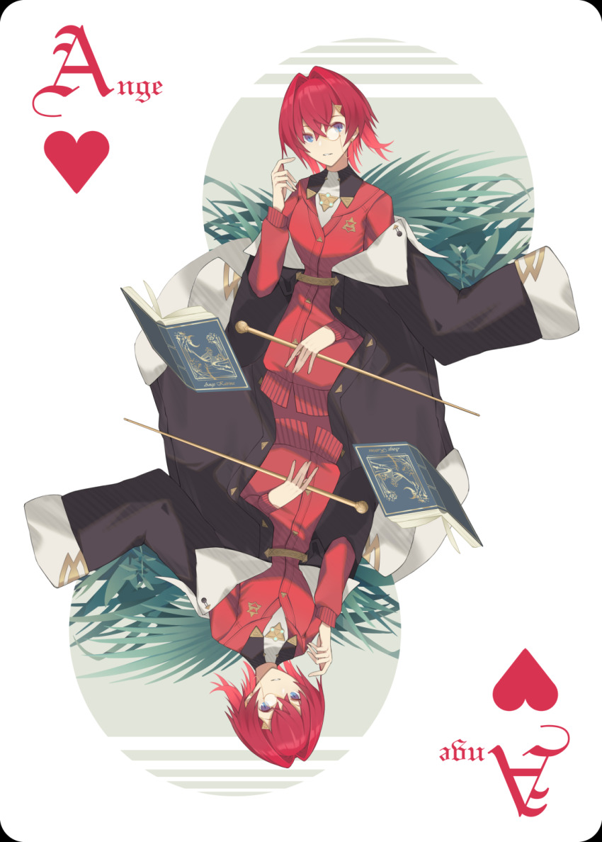 1girl ange_katrina ange_katrina_(1st_costume) black_coat blue_eyes book breasts card card_(medium) cardigan character_name coat coat_partially_removed commentary crossed_bangs floating floating_book floating_object hair_between_eyes hair_intakes hair_ornament hand_up heart highres holding holding_scepter long_sleeves looking_at_viewer monocle monocle_chain multicolored_eyes multiple_views nijisanji open_book parted_lips plant playing_card purple_eyes red_cardigan red_hair rotational_symmetry scepter seelean short_hair slit_pupils small_breasts triangle_hair_ornament two-tone_eyes virtual_youtuber white_background