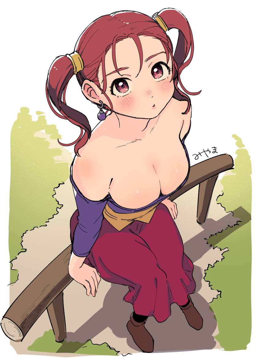 1girl absurdres bare_shoulders border breasts cleavage collarbone commentary_request dragon_quest dragon_quest_viii earrings from_above gem grass hair_pulled_back hair_tubes highres jessica_albert jewelry large_breasts looking_at_viewer looking_up miyama_(kannsannn) off_shoulder on_railing orange_hair parted_lips pink_eyes purple_gemstone purple_shirt railing red_skirt shirt sitting skirt solo sphere_earrings twintails white_border yellow_corset