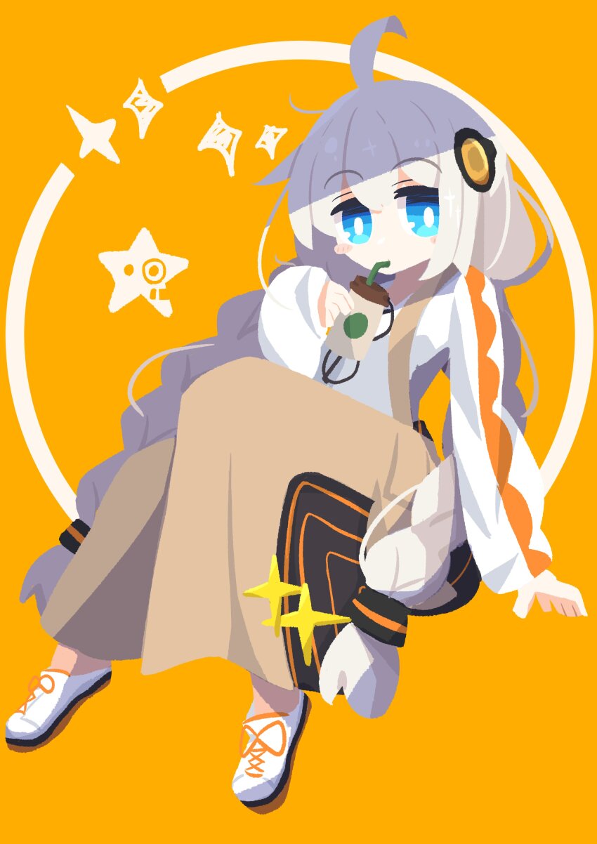 1girl absurdres ahoge bendy_straw blue_eyes braid brown_skirt cup disposable_cup drinking_straw full_body grey_hair hair_between_eyes hair_ornament highres holding holding_cup kizuna_akari kizuna_akari_(a.i._voice) long_hair long_sleeves looking_at_viewer low_twintails orange_background puffy_long_sleeves puffy_sleeves shino8miya3 shirt shoes sitting skirt sleeves_past_wrists solo sparkle star_(symbol) twin_braids twintails very_long_hair voiceroid white_shirt white_shoes