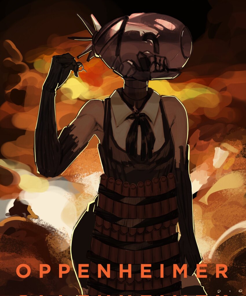 1girl arondiolex black_gloves black_ribbon black_thighhighs bomb_devil_(chainsaw_man) chainsaw_man collared_shirt copyright_request dynamite explosion explosive gloves grenade_pin highres neck_ribbon nuclear_weapon oppenheimer_(movie) reze_(chainsaw_man) ribbon shirt solo thighhighs