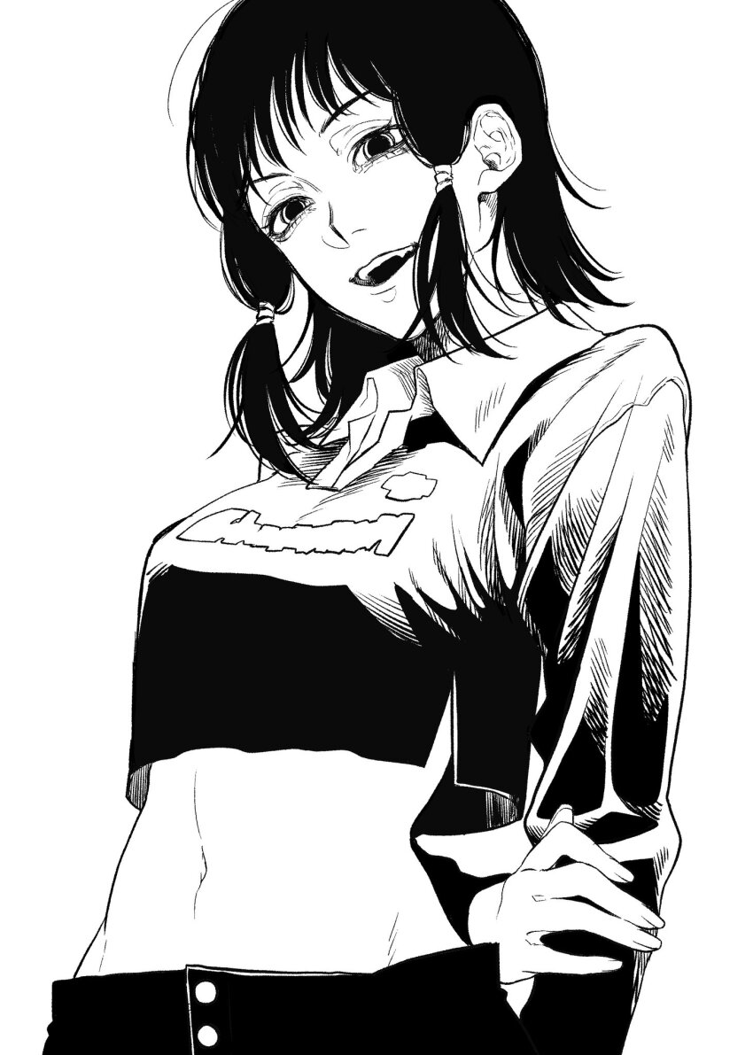 1girl arm_behind_back chainsaw_man commentary_request crop_top cropped_shirt greyscale haru_rice highres long_sleeves medium_hair mifune_fumiko monochrome navel open_mouth pants solo