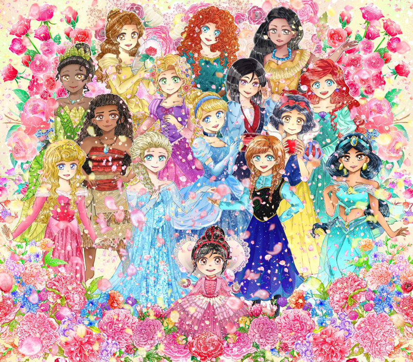 6+girls 87854424 aladdin_(movie) anna_(frozen) aqua_dress aqua_eyes ariel_(disney) aurora_(disney) beauty_and_the_beast black_hair blonde_hair blue_dress blue_eyes bow braid brave_(disney) breasts brown_dress brown_eyes brown_hair candy cinderella cinderella_(disney) collar corset crop_top crossover crown curly_hair dark-skinned_female dark_skin disney dress earrings elsa_(frozen) fa_mulan_(disney) floral_background flower food formal_clothes frilled_dress frills frozen_(disney) gown green_dress green_eyes grey_eyes hair_bow hair_bun hair_ornament hair_ribbon harem_pants high_collar holding holding_flower japanese_clothes jasmine_(disney) jewelry kimono leaf_hair_ornament lollipop long_hair merida_(brave) messy_hair moana_(movie) moana_waialiki mulan_(movie) multicolored_hair multiple_girls navel off-shoulder_dress off_shoulder pants pink_dress platinum_blonde_hair pocahontas_(disney) pocahontas_(movie) ponytail princess puffy_sleeves purple_dress rapunzel_(disney) red_bow red_hair ribbon short_hair single_hair_bun sleeping_beauty snow_white_(disney) snow_white_and_the_seven_dwarfs streaked_hair the_little_mermaid_(disney) the_princess_and_the_frog tiana_(the_princess_and_the_frog) tiara vanellope_von_schweetz wreck-it_ralph yellow_dress yellow_eyes