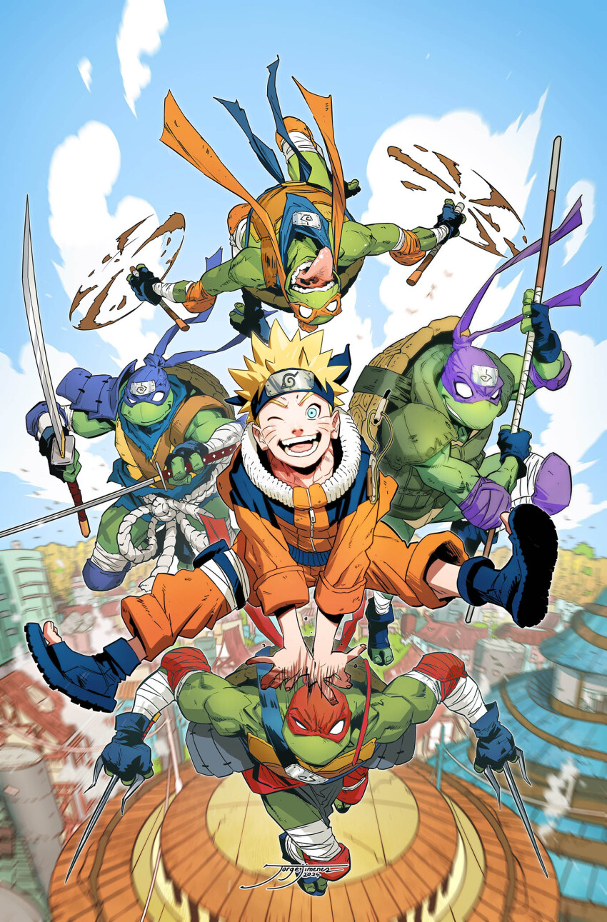 5boys armor blonde_hair blue_eyes bo_staff colored_skin comic_cover commentary crossover donatello_(tmnt) facial_mark forehead_protector gloves highres holding holding_nunchaku holding_weapon idw_publishing jacket jorge_jimenez jumpsuit katana konohagakure_symbol leonardo_(tmnt) male_focus mask michelangelo_(tmnt) multiple_boys naruto_(classic) naruto_(series) ninja ninjatou nunchaku official_art open_mouth orange_pants pants raphael_(tmnt) reptile_boy sai_(weapon) scarf short_hair short_sword smile spiked_hair staff sword teenage_mutant_ninja_turtles teenage_mutant_ninja_turtles_(idw) teeth textless_version turtle turtle_boy uzumaki_naruto uzumaki_symbol weapon western_comics_(style) whisker_markings yellow_jumpsuit