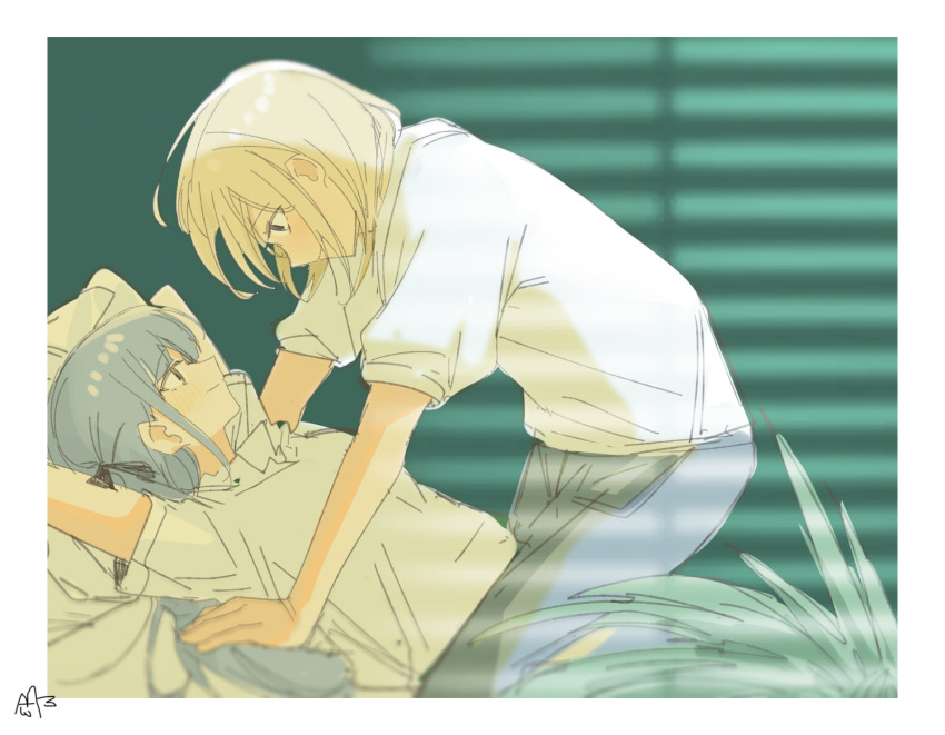 2girls bang_dream! bang_dream!_it&#039;s_mygo!!!!! blonde_hair blue_hair border commentary eye_contact haidao_mao highres long_hair looking_at_another medium_hair meme misumi_uika multiple_girls shirt short_sleeves symbol-only_commentary togawa_sakiko white_border white_shirt yellow_eyes yukadon yuri