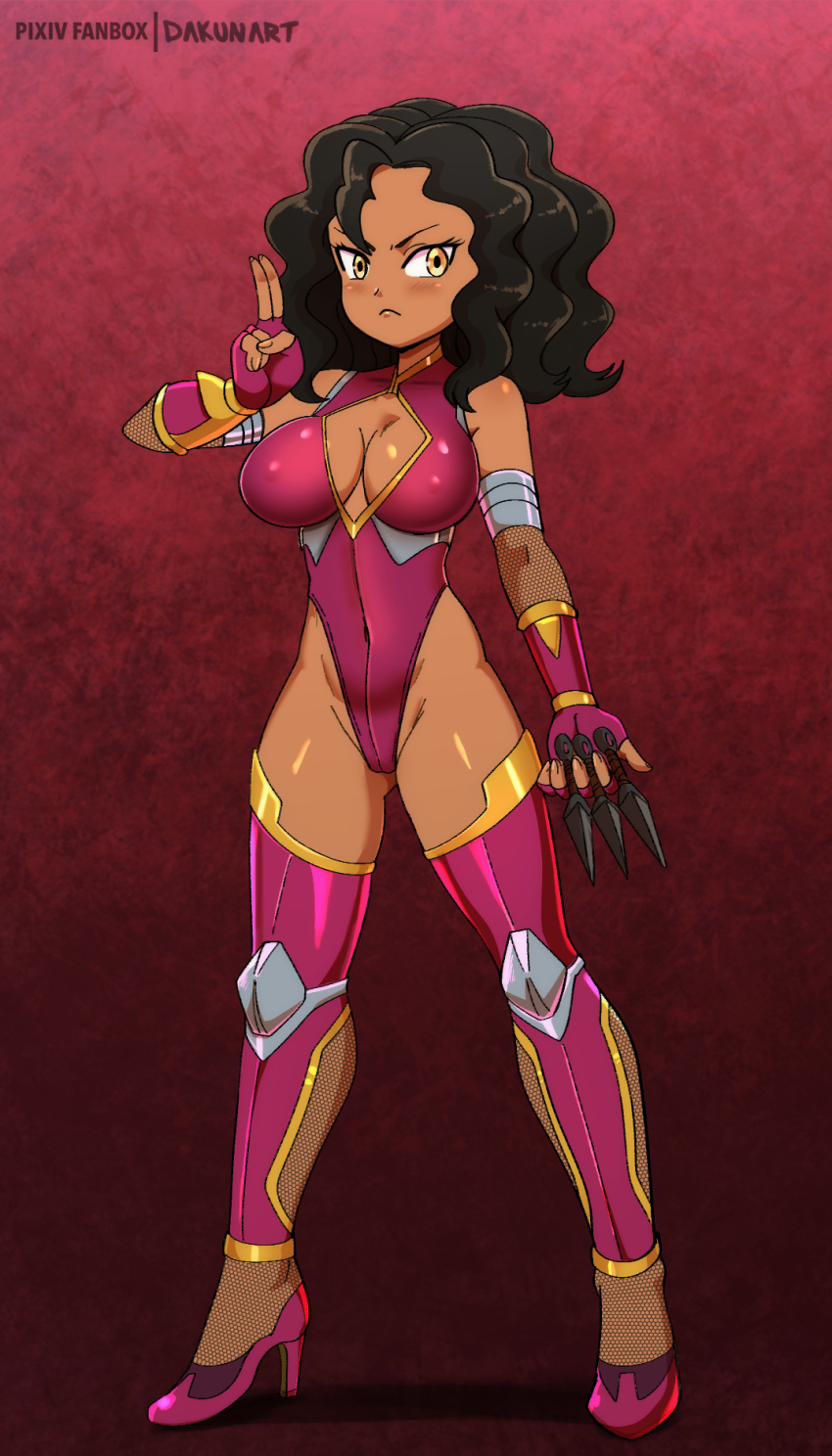 1girl angry black_hair blush boots breasts cleavage cleavage_cutout clothing_cutout dakunart dark_skin fingerless_gloves gloves high_heels highleg highleg_leotard holding holding_kunai holding_weapon kuji-in kunai large_breasts leotard long_hair looking_at_viewer ninja original pink_boots pink_gloves pink_leotard red_background standing taimanin_(series) thigh_boots weapon xime_(dakunart) yellow_eyes