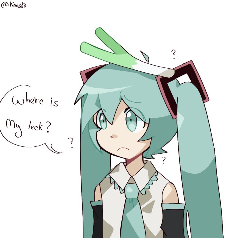 1girl ? aqua_eyes aqua_hair closed_mouth collared_shirt english_text food food_on_head frown hair_ornament hatsune_miku highres koasku long_hair necktie object_on_head shirt simple_background solo speech_bubble spring_onion twintails twitter_username upper_body vocaloid white_background