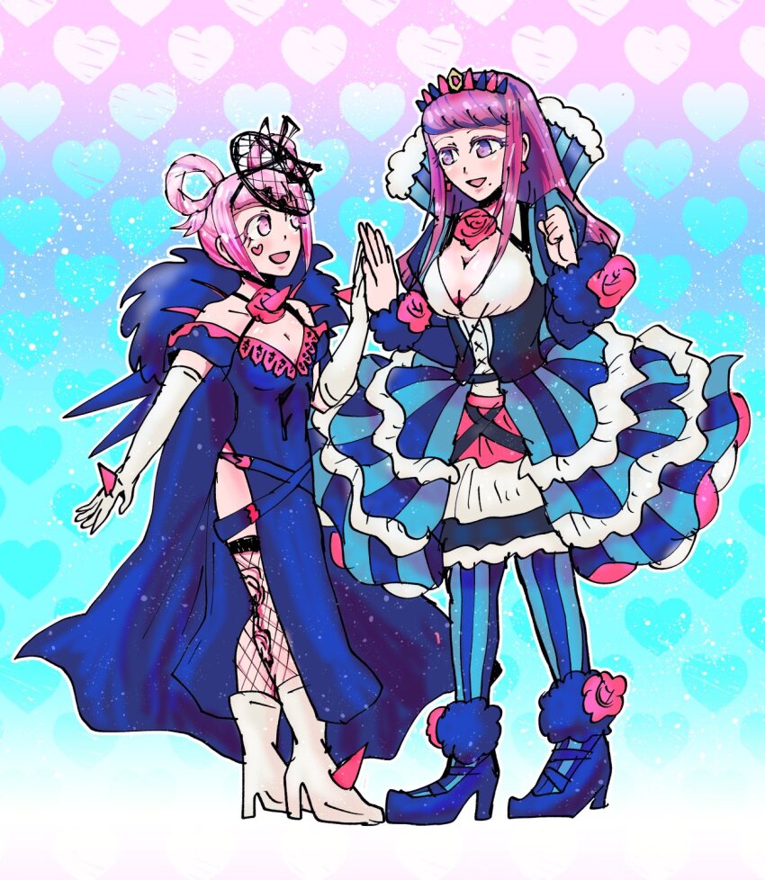 2girls aqua_pantyhose brooch cosplay costume_switch cross-laced_clothes cross-laced_dress dress facial_mark fascinator fire_emblem fire_emblem_engage fishnet_thighhighs fishnets flower_brooch folded_twintails hair_flaps hair_rings heart heart_facial_mark highres hortensia_(fire_emblem) hortensia_(fire_emblem)_(cosplay) hrtiki ivy_(fire_emblem) ivy_(fire_emblem)_(cosplay) multiple_girls nintendo pantyhose pink_eyes pink_hair purple_eyes purple_hair see-through_clothes see-through_headwear siblings sisters spiked striped_clothes striped_dress thighhighs thorn_print two-tone_pantyhose vertical-striped_clothes vertical-striped_dress