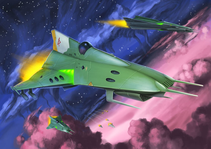 alien cloud commentary_request contrail energy_cannon gamilas highres kinoshita_teitoku missile missile_pod nebula no_humans official_style original radio_antenna realistic roundel science_fiction spacecraft starfighter uchuu_senkan_yamato uchuu_senkan_yamato_2199 uchuu_senkan_yamato_2202:_ai_no_senshi-tachi uchuu_senkan_yamato_2205:_arata_naru_tabidachi