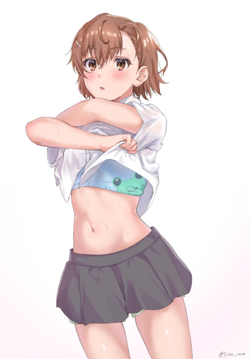 1girl animal_print asymmetrical_bangs blue_bra blush bra breasts brown_eyes brown_hair clothes_lift commentary frog_print gekota grey_skirt hair_between_eyes hair_ornament hairclip highres lifting_own_clothes looking_at_viewer misaka_mikoto navel open_mouth pleated_skirt school_uniform shirt shirt_lift short_hair shorts shorts_under_skirt sioo_1029 skirt small_breasts solo summer_uniform symbol-only_commentary toaru_kagaku_no_railgun toaru_majutsu_no_index tokiwadai_school_uniform twitter_username underwear undressing white_shirt