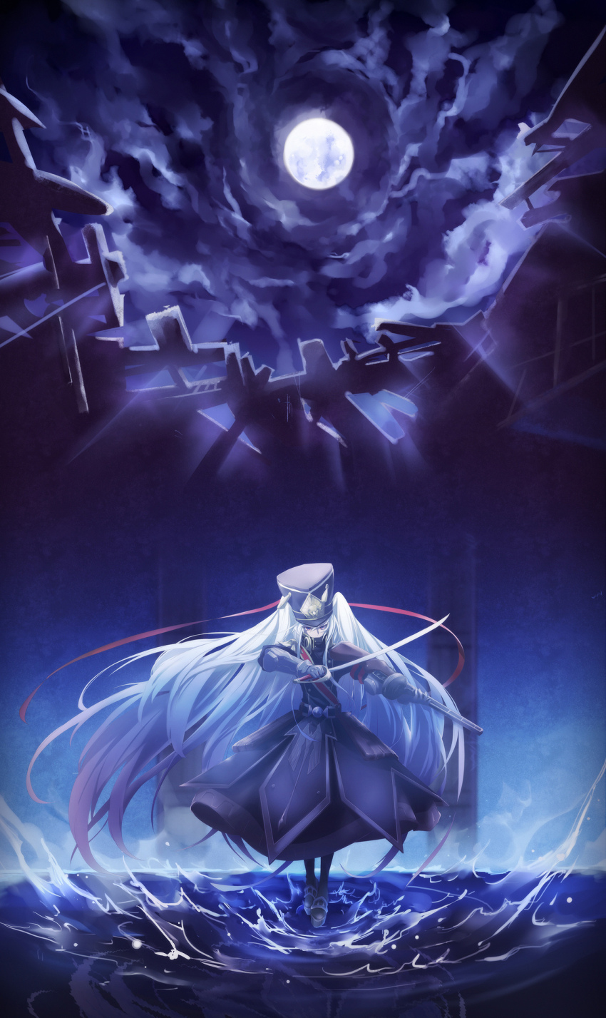 1girl altair_(re:creators) armband arms_up belt belt_bag bib black_armband black_coat black_footwear blue_eyes blue_theme brown_bag buttons cloud cloudy_sky coat coat_dress commentary_request dark_clouds dress epaulettes gauntlets gold_trim gun hair_between_eyes hair_ribbon hat high_collar highres holding holding_gun holding_weapon indoors koe_(mixpi) large_hat long_bangs long_dress long_hair long_sleeves looking_at_viewer moon moonlight multicolored_eyes night platform_footwear ppsh-41 re:creators red_armband red_eyes red_ribbon reflection ribbon shako_cap sidelocks sky standing standing_on_liquid submachine_gun twintails two-tone_armband two-tone_eyes very_long_hair water weapon white_hair