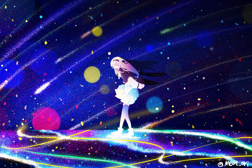 aqua_dress arms_behind_back closed_eyes cropped_jacket dress electronduck firefly_(honkai:_star_rail) hair_ornament hair_ribbon hairband honkai:_star_rail honkai_(series) open_mouth ribbon skirt sky smile star_(sky) starry_sky thighhighs twitter_username