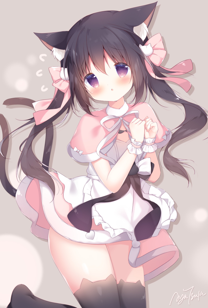 akatsuki_(ytkg5558) animal_ears apron black_hair black_thighhighs bow cat_ears cat_tail copyright_request crow_(garo) highres purple_eyes ribbon tail thighhighs uniform