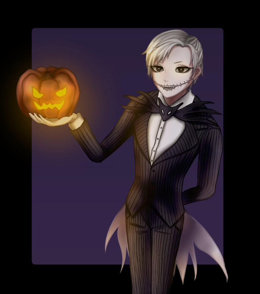 1boy 1girl absurdres dedollchan dress formal_clothes graveyard highres jack_skellington jacket long_hair long_sleeves male_focus moon pinstripe_pattern pinstripe_suit pinstripe_vest sally_(nbc) short_hair silhouette simple_background smile striped_clothes striped_vest suit the_nightmare_before_christmas vest white_hair
