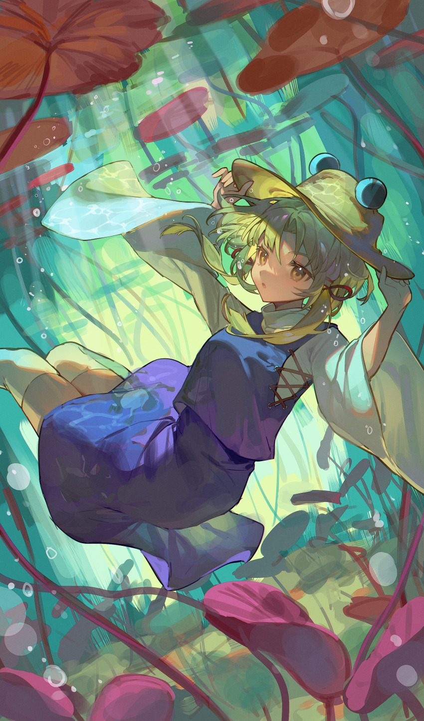 1girl :o absurdres air_bubble blonde_hair bubble chinese_commentary collared_shirt commentary cross-laced_clothes cross-laced_vest dutch_angle ender_xiaohai full_body hair_ribbon hand_on_headwear hands_up highres light_rays lily_pad long_sleeves moriya_suwako purple_skirt purple_vest ribbon shirt short_hair_with_long_locks sidelocks skirt skirt_set solo sunbeam sunlight thighhighs touhou tress_ribbon turtleneck underwater vest white_shirt white_thighhighs wide_sleeves yellow_eyes